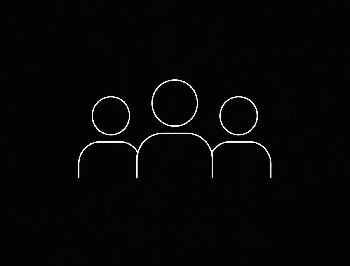 Line illustration: three simple person silhouettes standing together — a small team