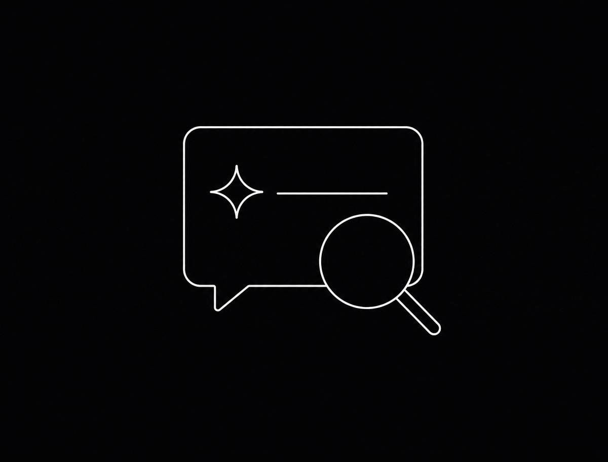 Line illustration: a chat window with a sparkle inside and a magnifying glass — AI answer with citation lookup
