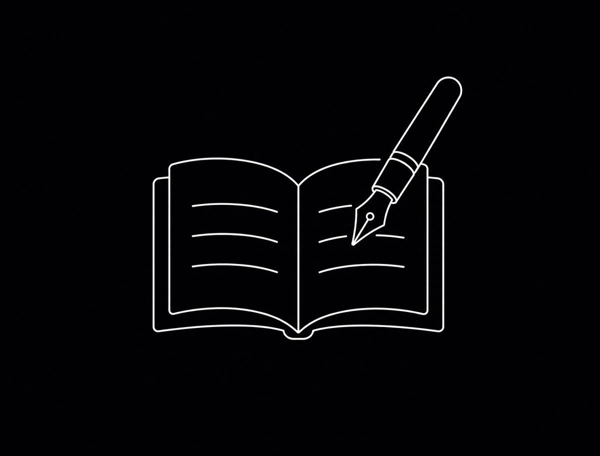 Line illustration: an open book with two pages and a fountain pen writing on the right page