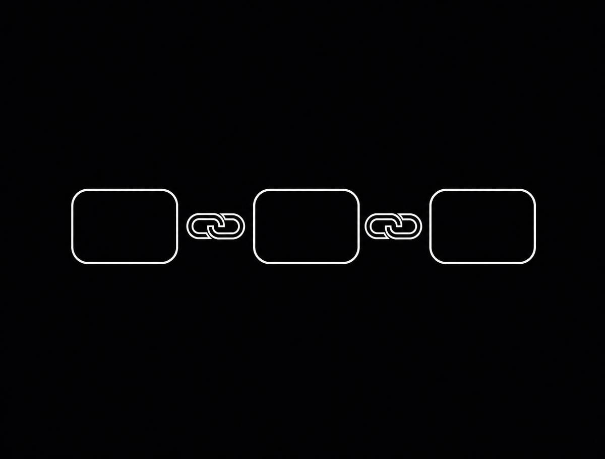 Line illustration: three rectangles connected by two chain links, a small chain of nodes