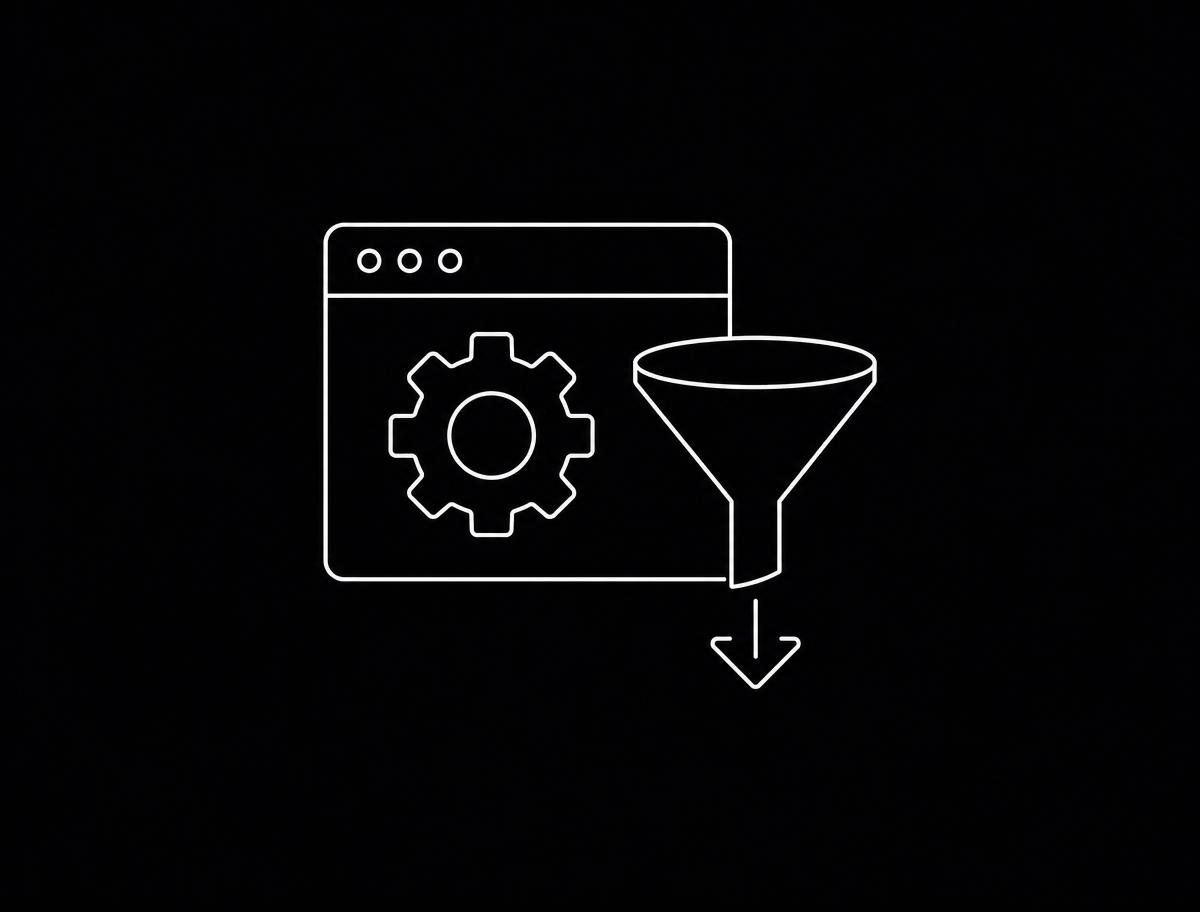 Line illustration: a browser window with a gear inside next to a funnel — crawl, render, index